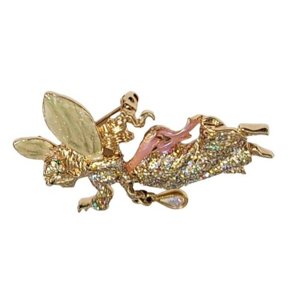KIRKS FOLLY Gold Tone Enamel Fairy Angel Brooch with Dangle Charm - Picture 3 of 9